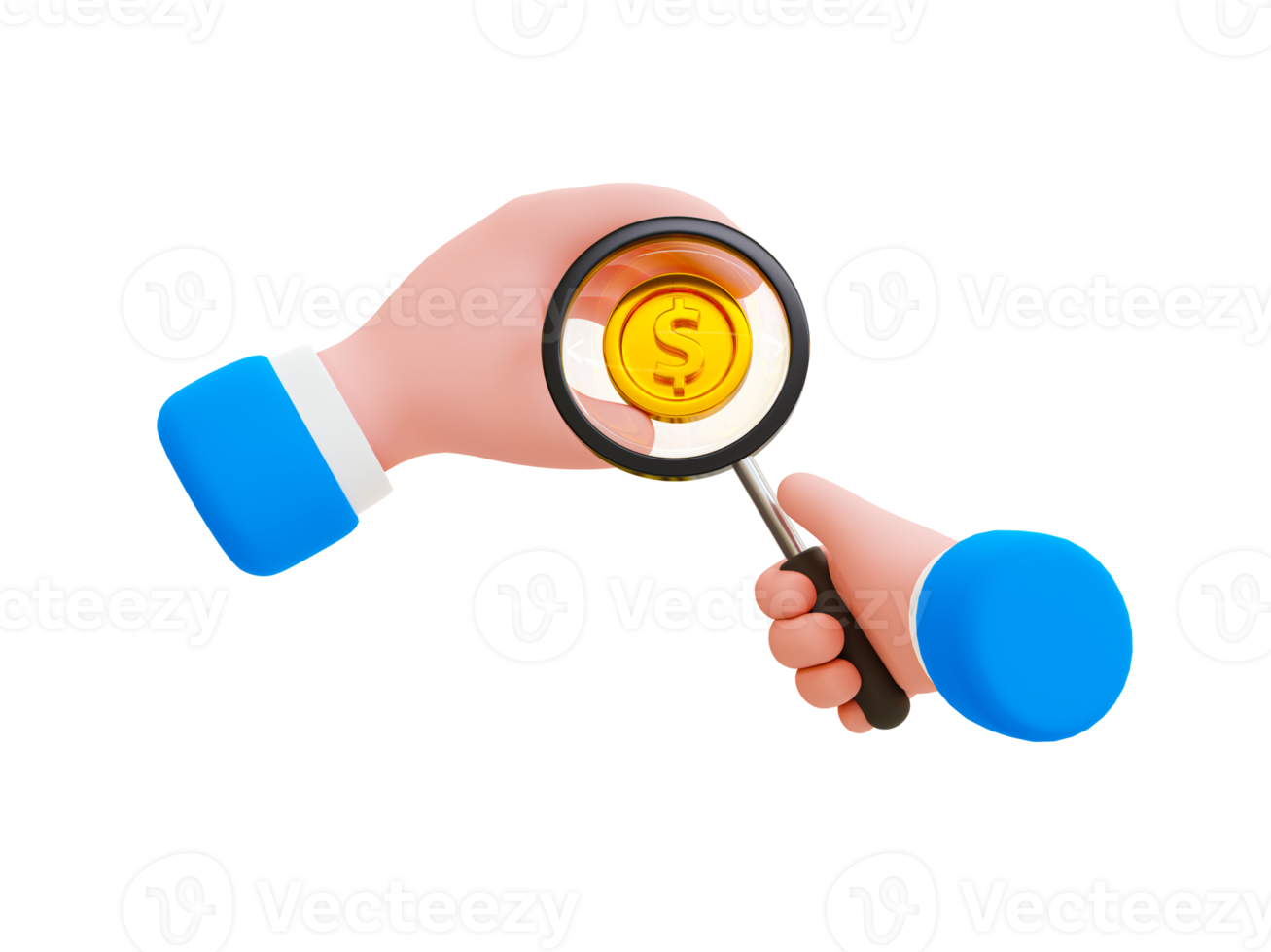 3d minimal financial analysis concept. Financial strategy. Business examination. Hand holding a magnifying glass and dollar coin. 3d illustration. png