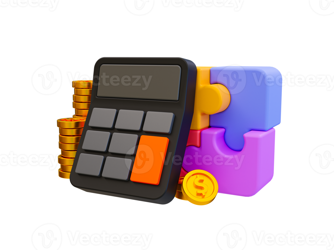 3d minimal business success concept. financial target goal concept. problem-solving concept. strategy achievement. Calculator with a jigsaw and a pile of coins. 3d illustration. png