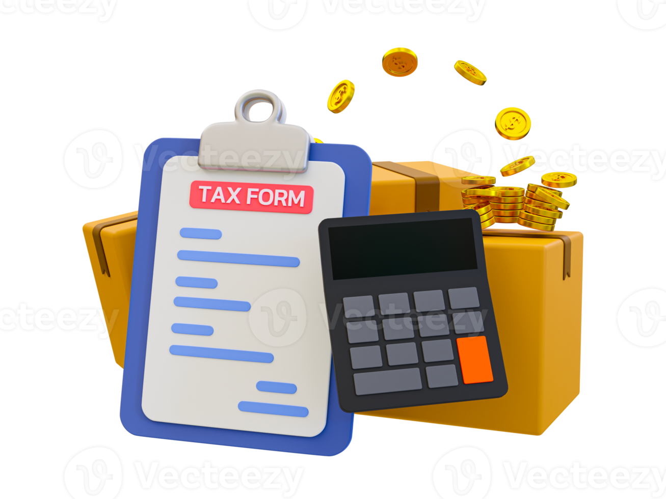 3d minimal accounting taxation concept. tax calculating concept. Taxes on goods and services concept. tax clipboard with calculator and parcels. 3d illustration. png