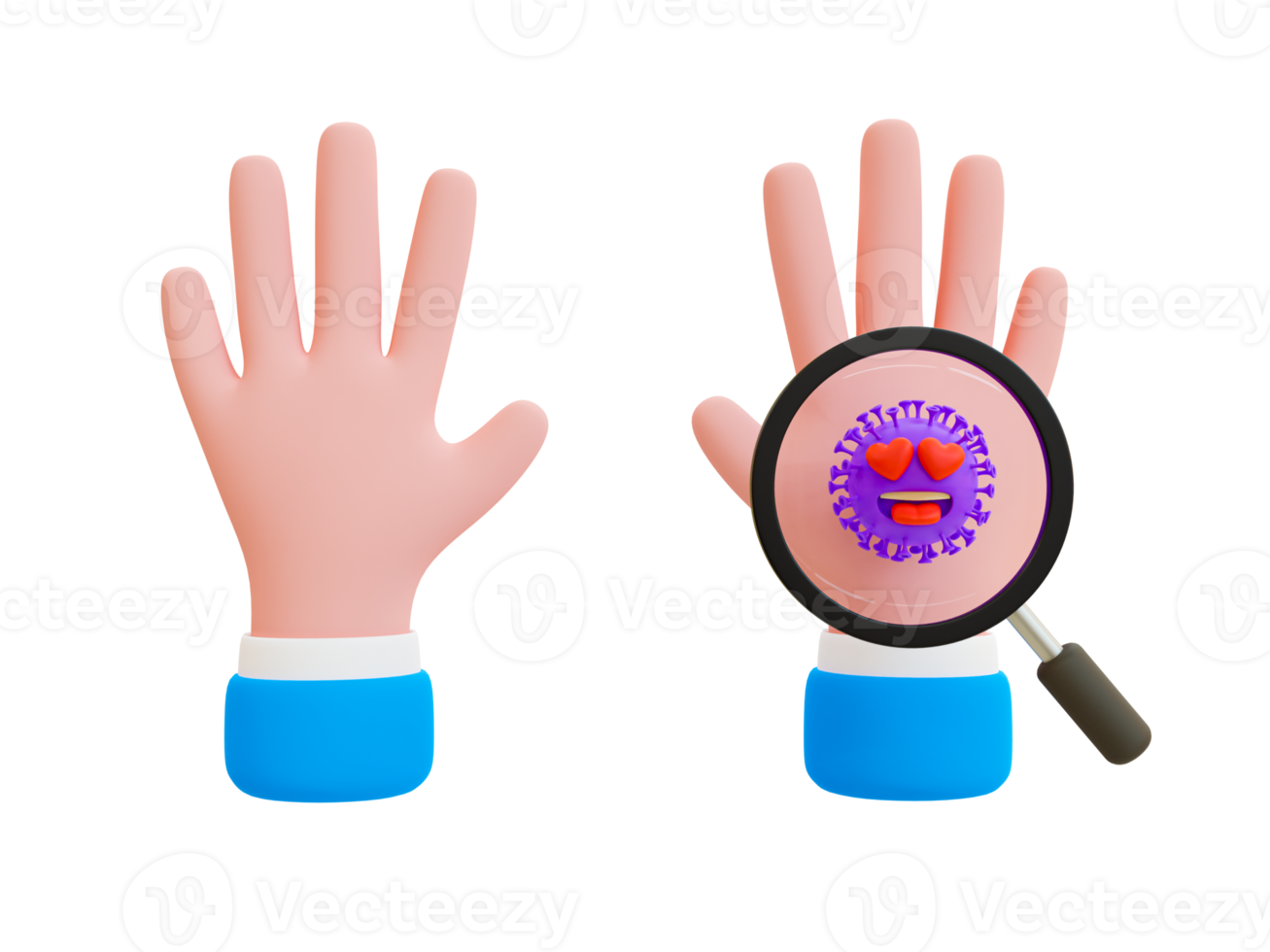 3d health care concept. pathogens detected. Bacteria protection. Annual Health Check-Ups. Magnifying glass and bacterial cell on the human palm. 3d illustration. png