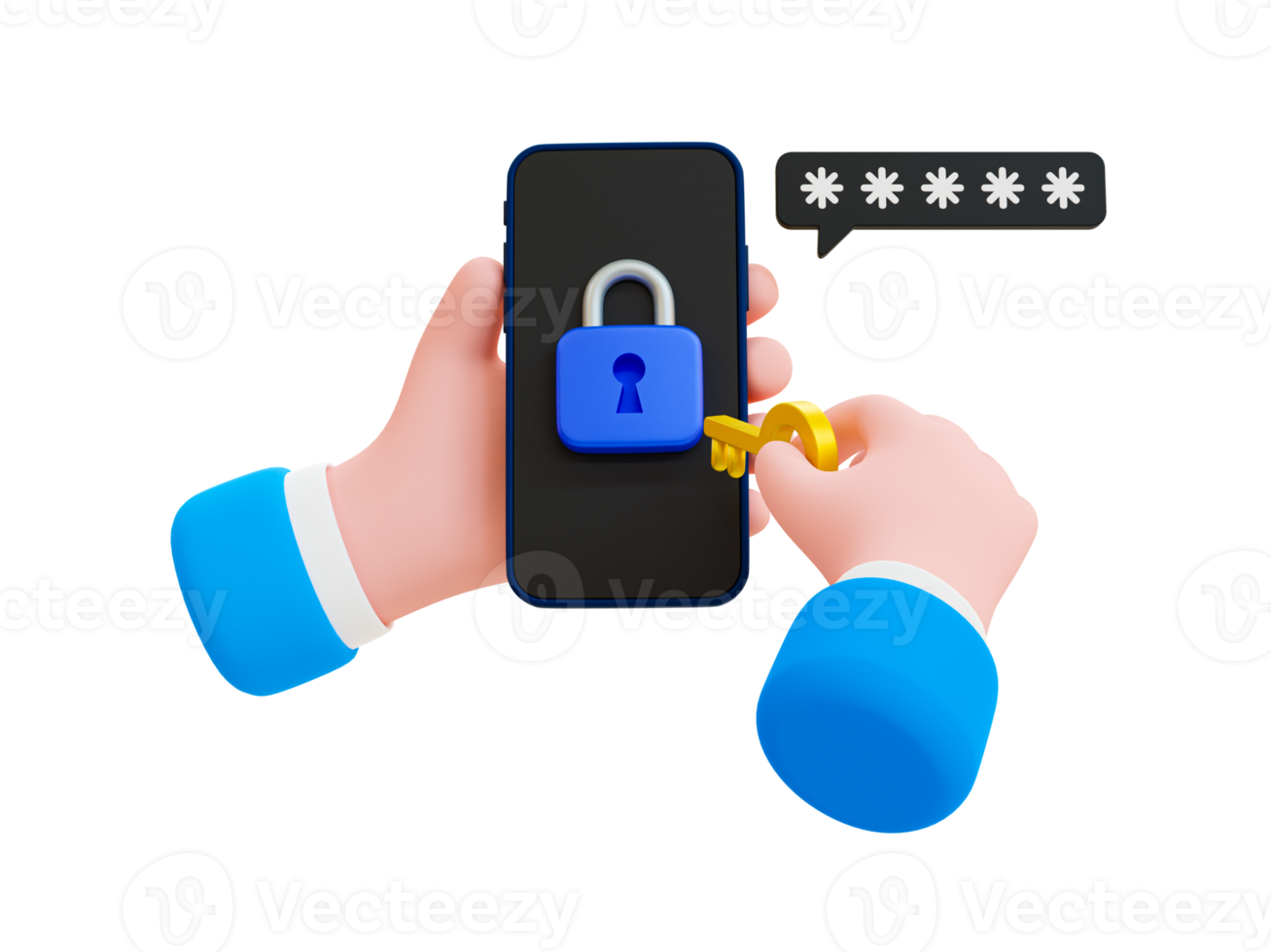 3d cartoon password verification. Password authentication concept. Login process. Authorized user. Hand holding a key unlocking a smartphone. 3d rendering illustration. png