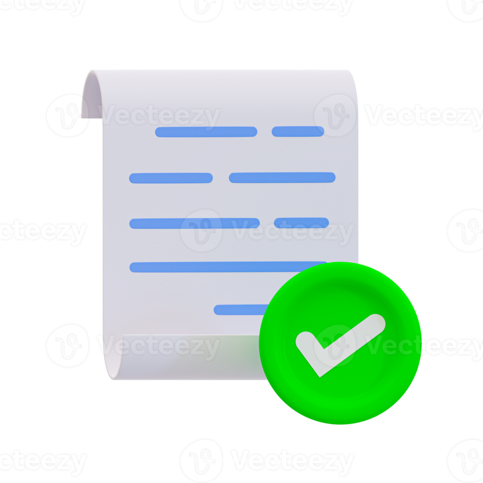 3d fichier correct. formalités administratives approuvé. document avec une vert vérifier marquer. 3d illustration. png