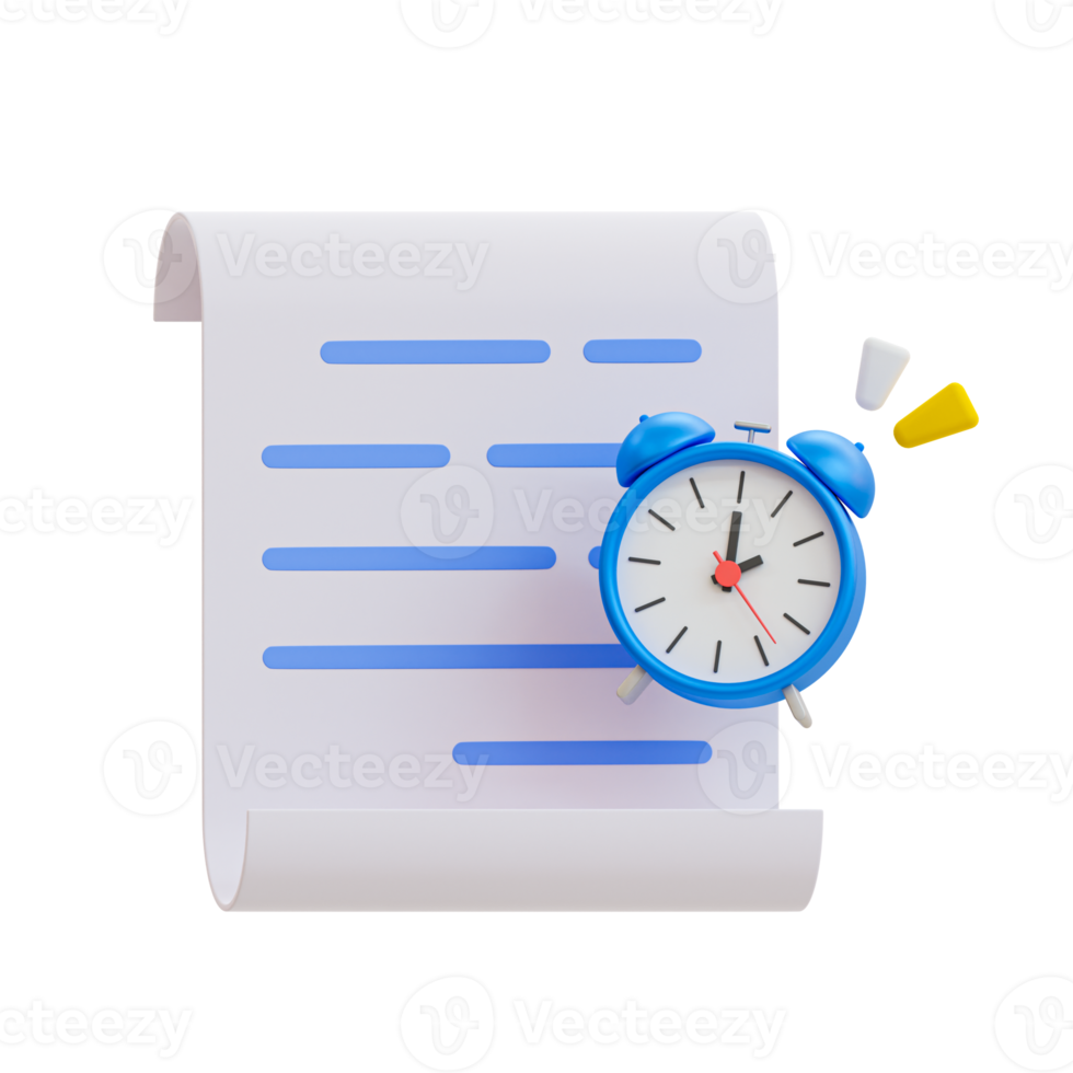 3d trabajo recordatorio. trabajo alerta. documento con un alarma reloj. 3d ilustración. png