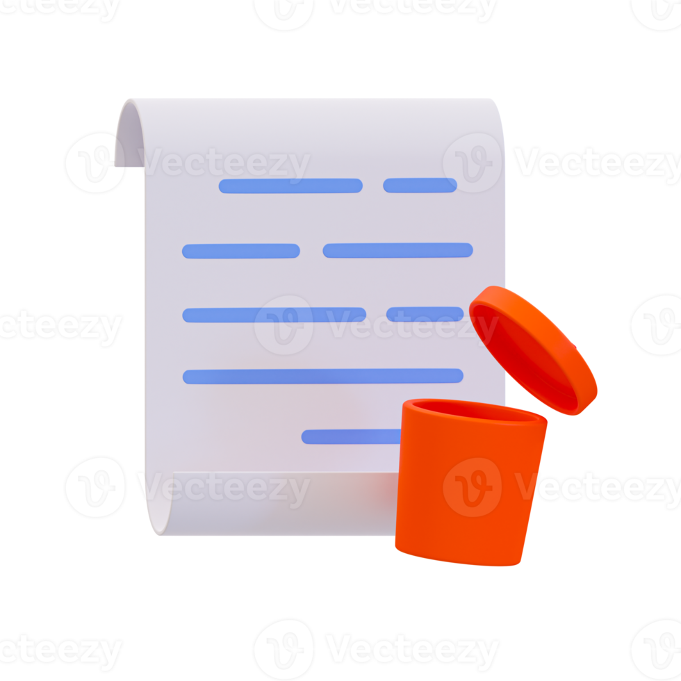 3d delete file. paperwork eraser. document with a trash can. 3d illustration. png
