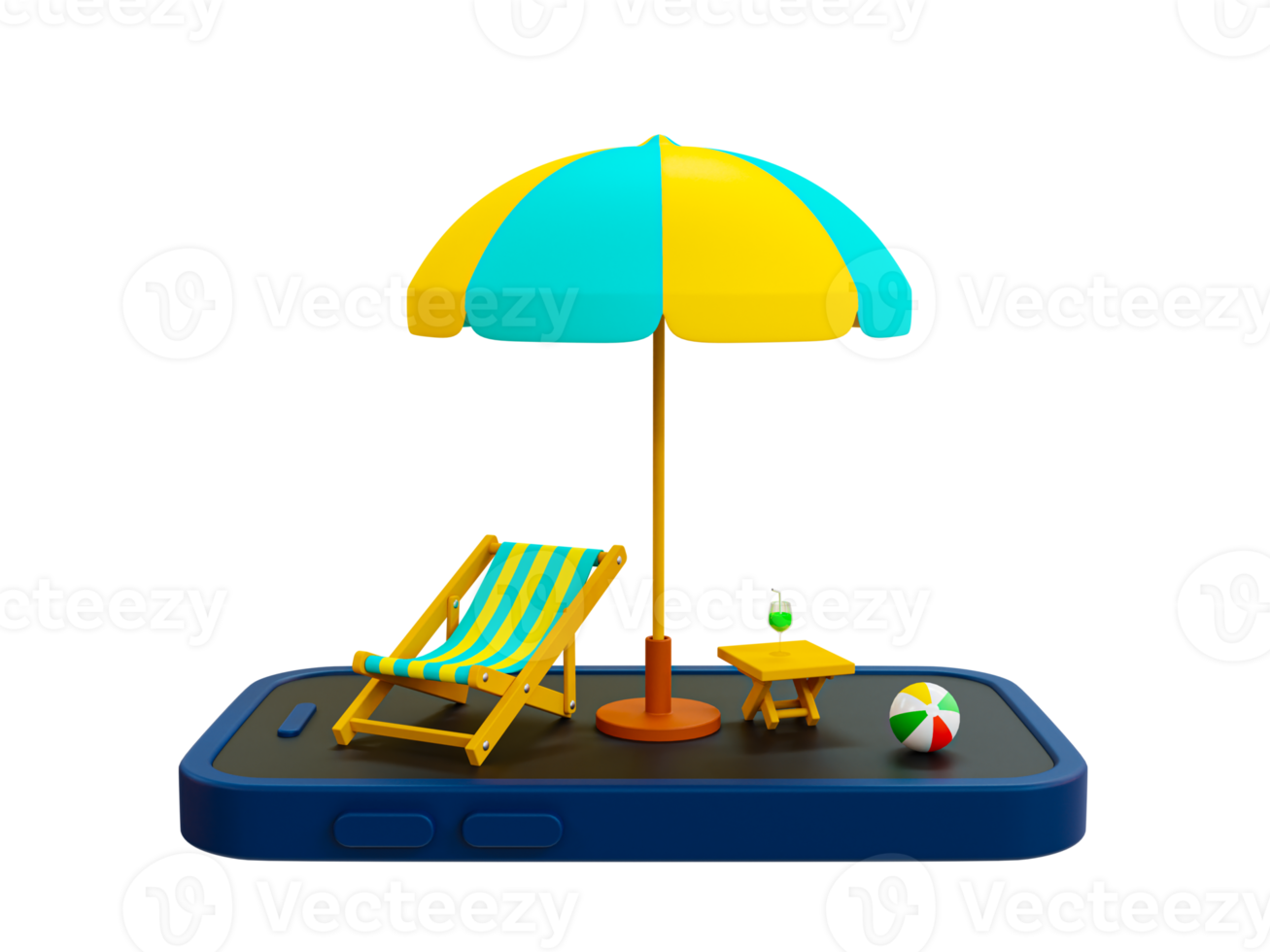 3d minimaal zomer thema. strand thema. vakantie tijd. recreatief tijd. smartphone met strand composities. 3d weergave. png