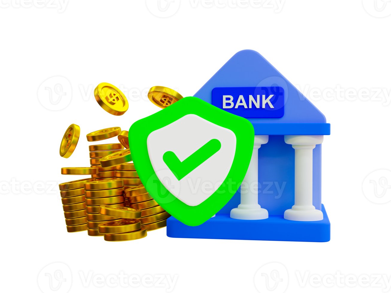 3d minimal money-saving concept. bank deposit concept. saving money for the future. collecting money in the bank. A pile of coins with a bank and check mark icon. 3d illustration. png