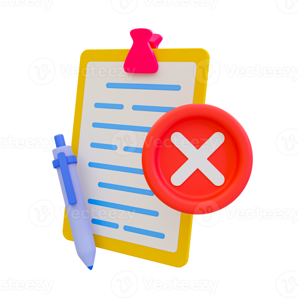 3d minimal wrong document. paperwork rejected. disapproved, no, False, not Ok. document clipboard with a pen and Red cross circle. 3d illustration. png