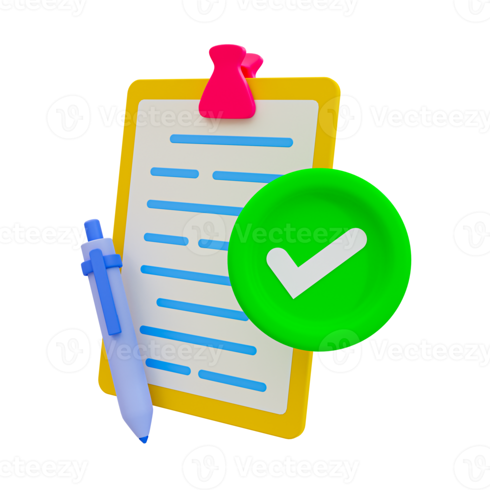 3d minimal correct document. paperwork approved. accepted, ok, right. document clipboard with a pen and green checkmark. 3d illustration. png