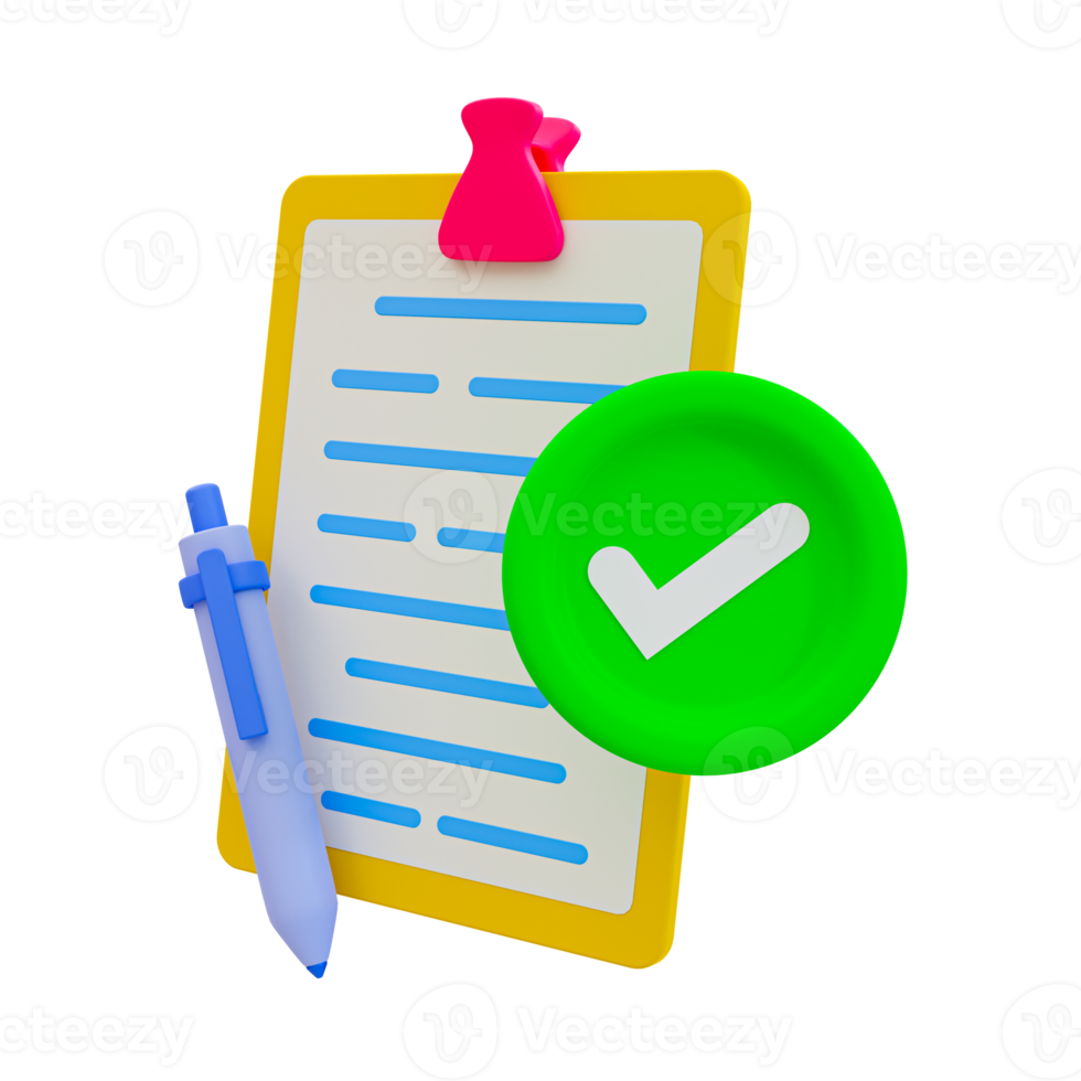 3d minimal correct document. formalités administratives approuvé. accepté, d'accord, droite. document presse-papiers avec une stylo et vert coche. 3d illustration. png
