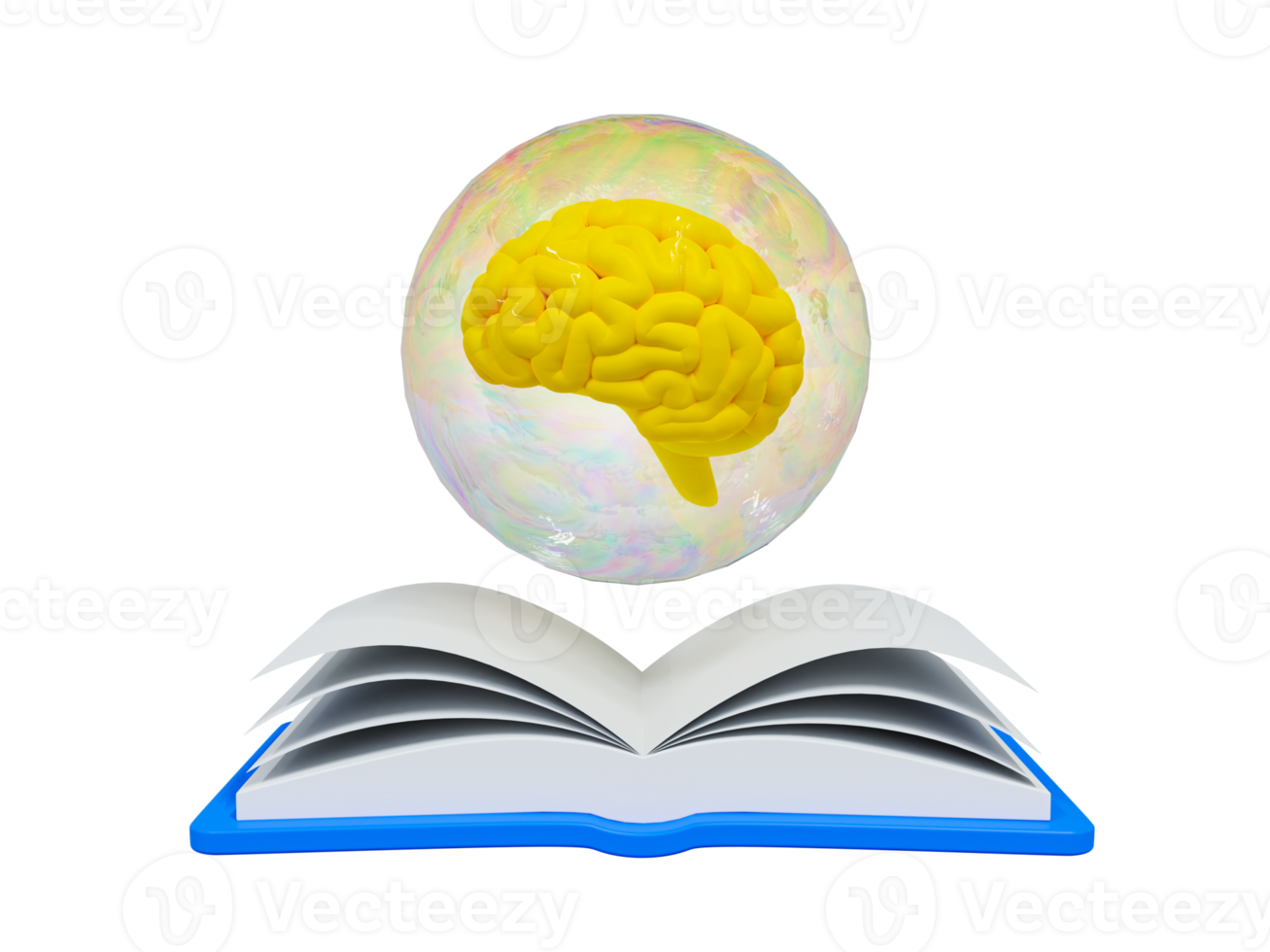 3d cartoon brain development concept. Self-development. Learning to get a new idea. Brain inside bubbles floating on top of a book. 3d rendering illustration. png