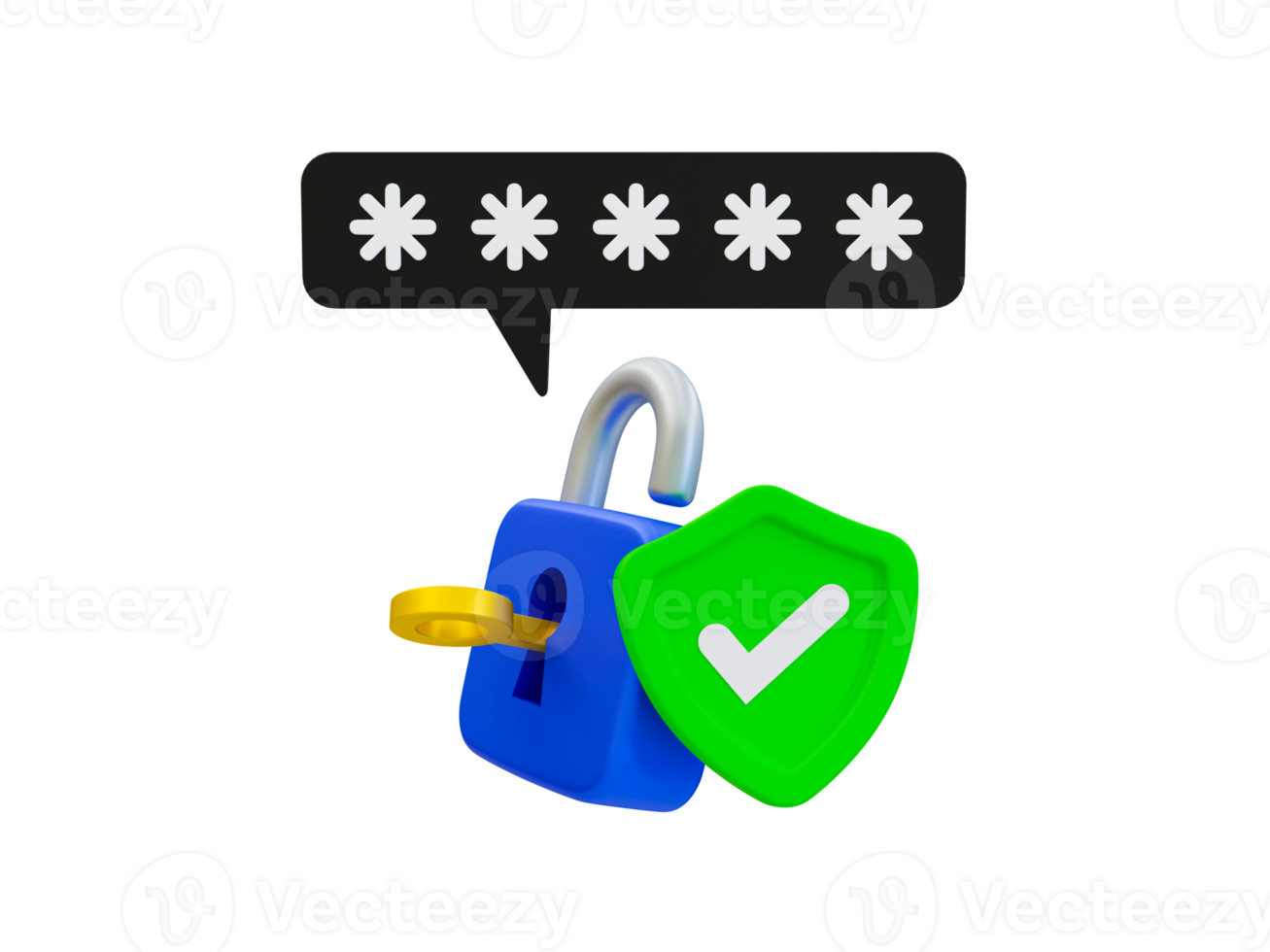 3d minimal password verification. Password authentication concept. Login success. Authorized user. Key with padlock and green shield with a check mark. concept. 3d rendering illustration. png