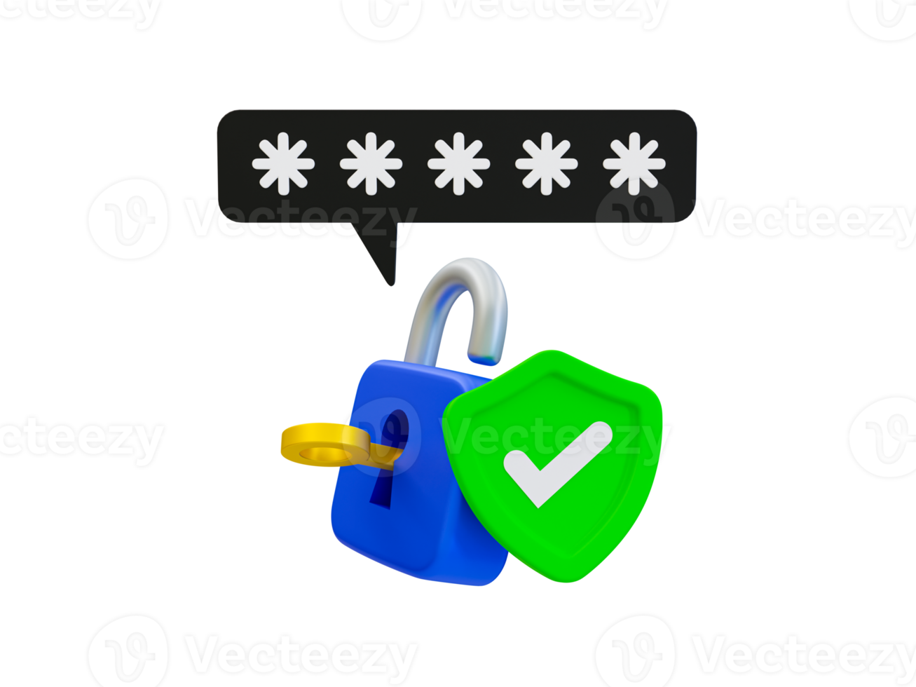 3d minimal password verification. Password authentication concept. Login success. Authorized user. Key with padlock and green shield with a check mark. concept. 3d rendering illustration. png