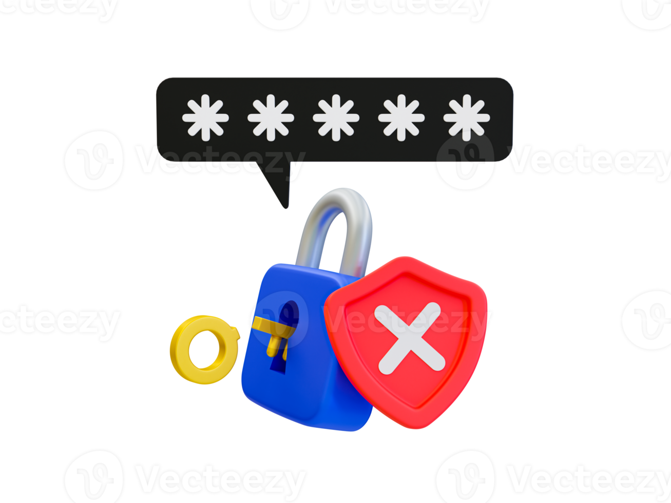 3d minimal password verification. Password authentication concept. Login failed. Unauthorized user. Key with padlock and red shield with a cross mark. concept. 3d rendering illustration. png