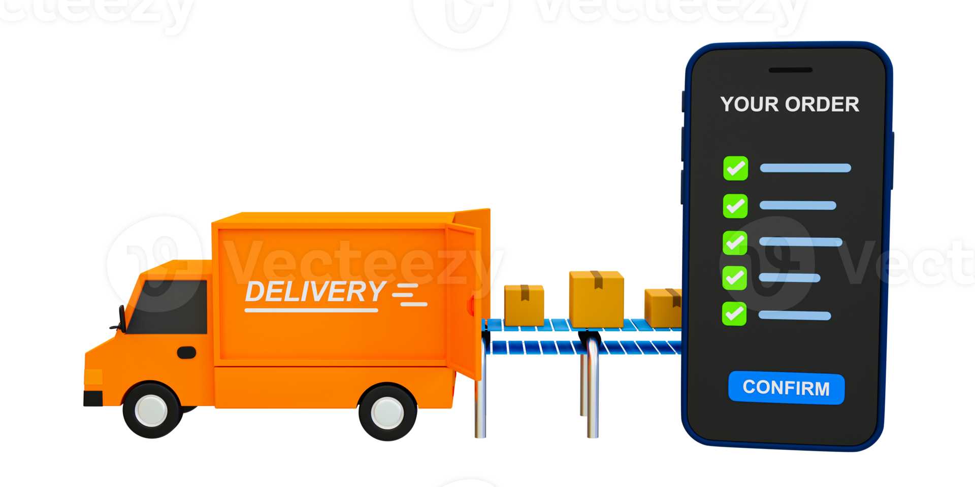 3d minimal loading goods into a delivery car. Orders affirmation. Customer product list confirmation. Delivery truck with a stack of parcels. 3d rendering illustration. png