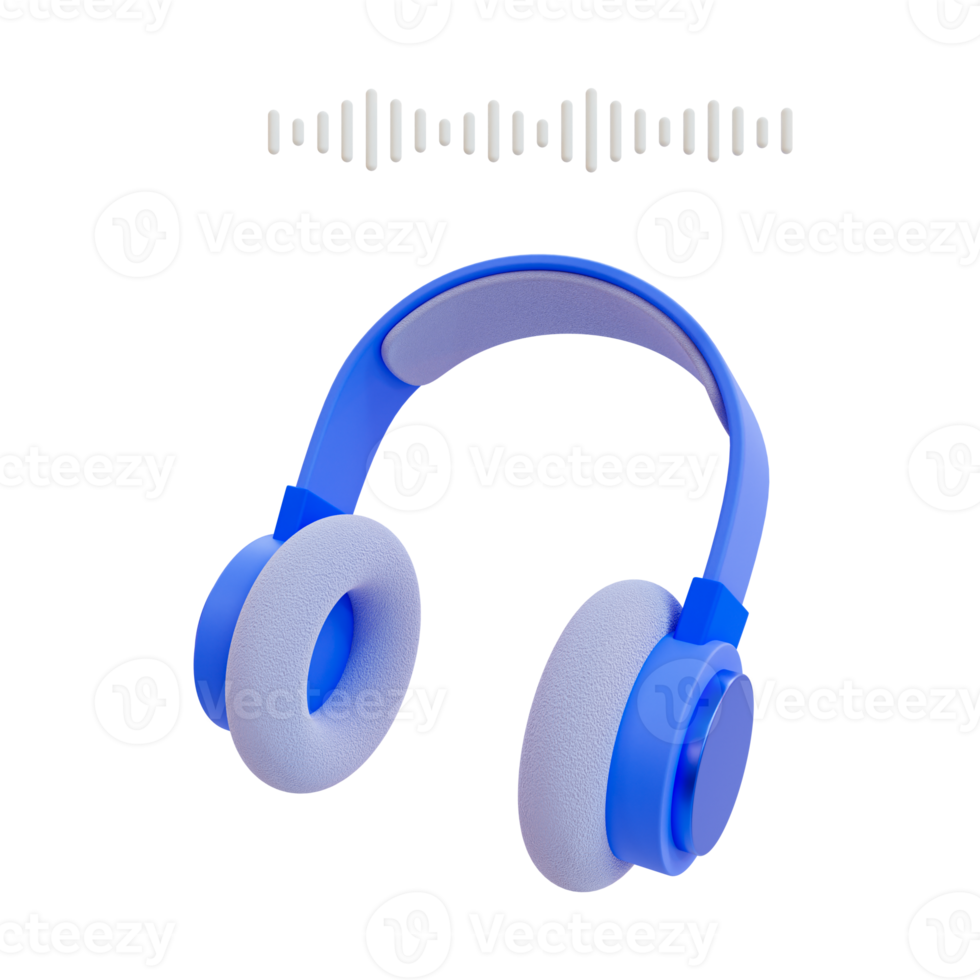 3d Musik- Hören Konzept. Hör mal zu zu Musik- online mit kabellos Technologie. heiß Diagramm Musik. ein kabellos Kopfhörer mit ein Klang Welle. 3d Rendern Illustration. png