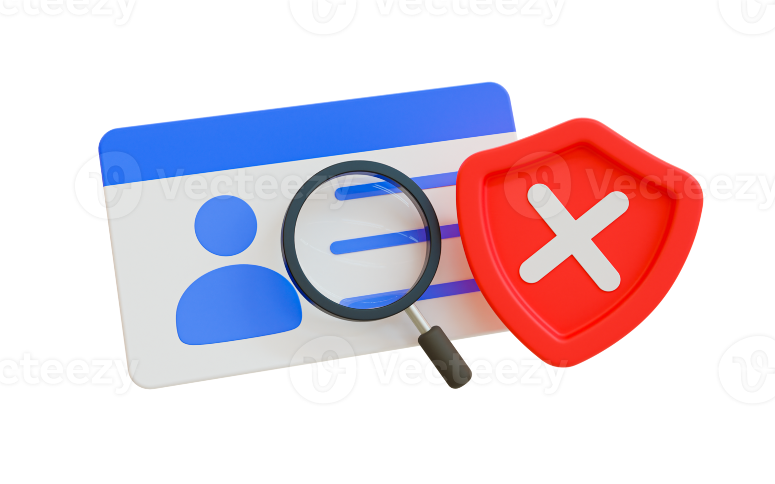 3d minimal ID card verification fail. user authorization fail. ID card with magnifying glass scanning and red cross mark. 3d rendering illustration. png