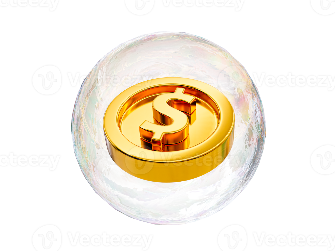 3d minimal economic bubble. Financial bubble. Financial crisis. Economic inflation. Inflated assets concept. A pile of coins in floating bubble. 3d rendering illustration. png