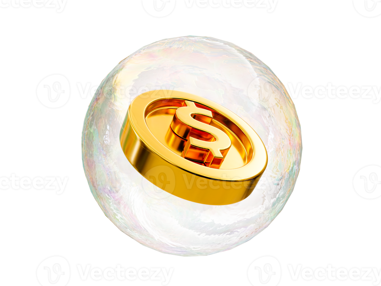 3d minimal economic bubble. Financial bubble. Financial crisis. Economic inflation. Inflated assets concept. Dollar coins in floating bubble. 3d rendering illustration. png