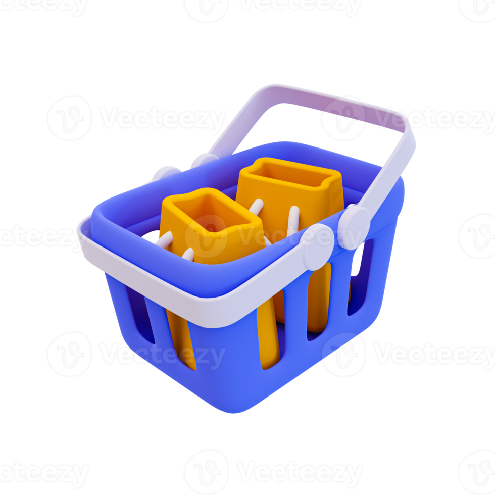 3d minimal shopping basket with a shopping bag. shopping concept. 3d illustration. png