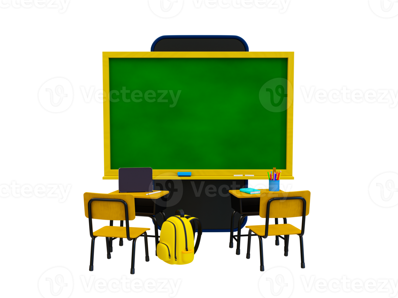 3d minimal online classroom. e-learning concept. blank school blackboard on a smartphone screen, table, chair, and educational supplies. 3d rendering illustration. png