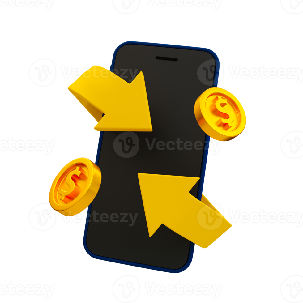 3d minimal financial concept. money circulation concept. Smartphone with coins and arrow. 3d rendering illustration. png