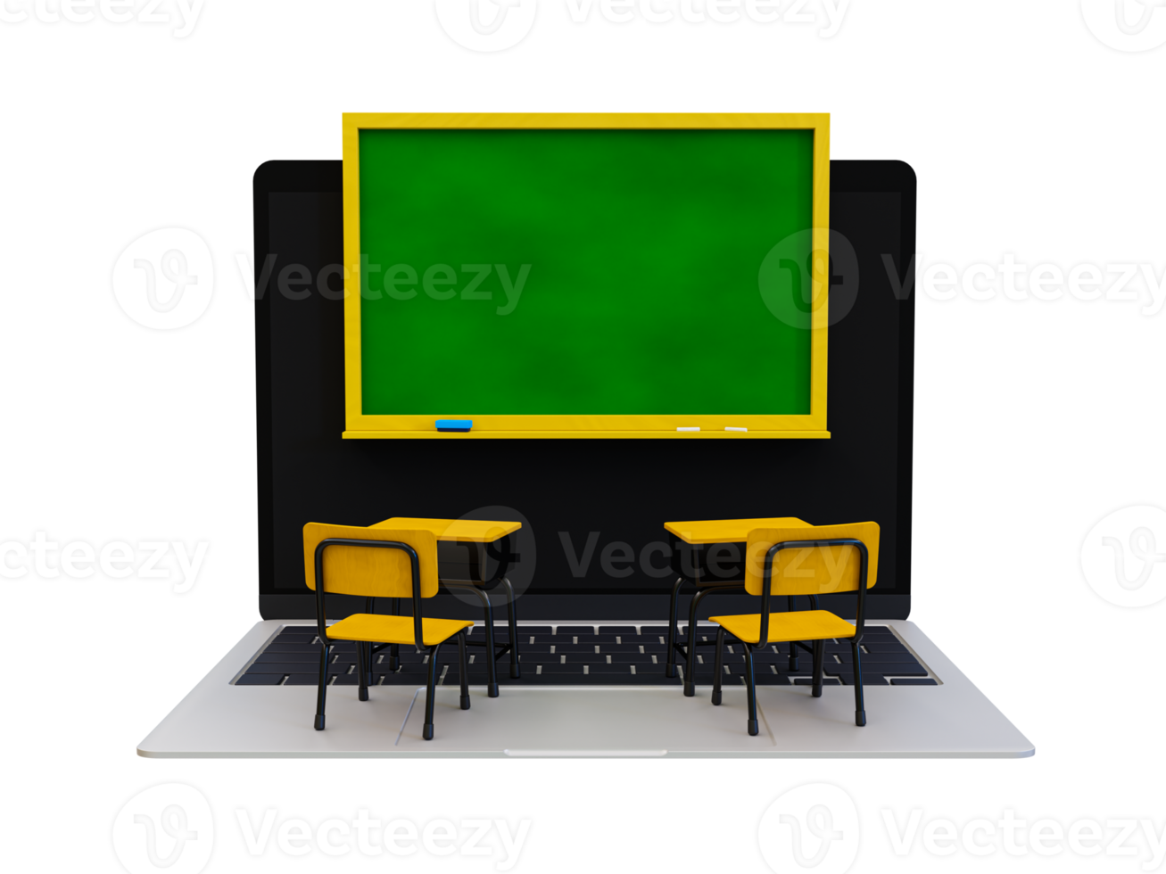 3d mínimo en línea aula. e-learning concepto. blanco colegio pizarra en un ordenador portátil pantalla, mesa, silla, y educativo suministros. 3d representación ilustración. png