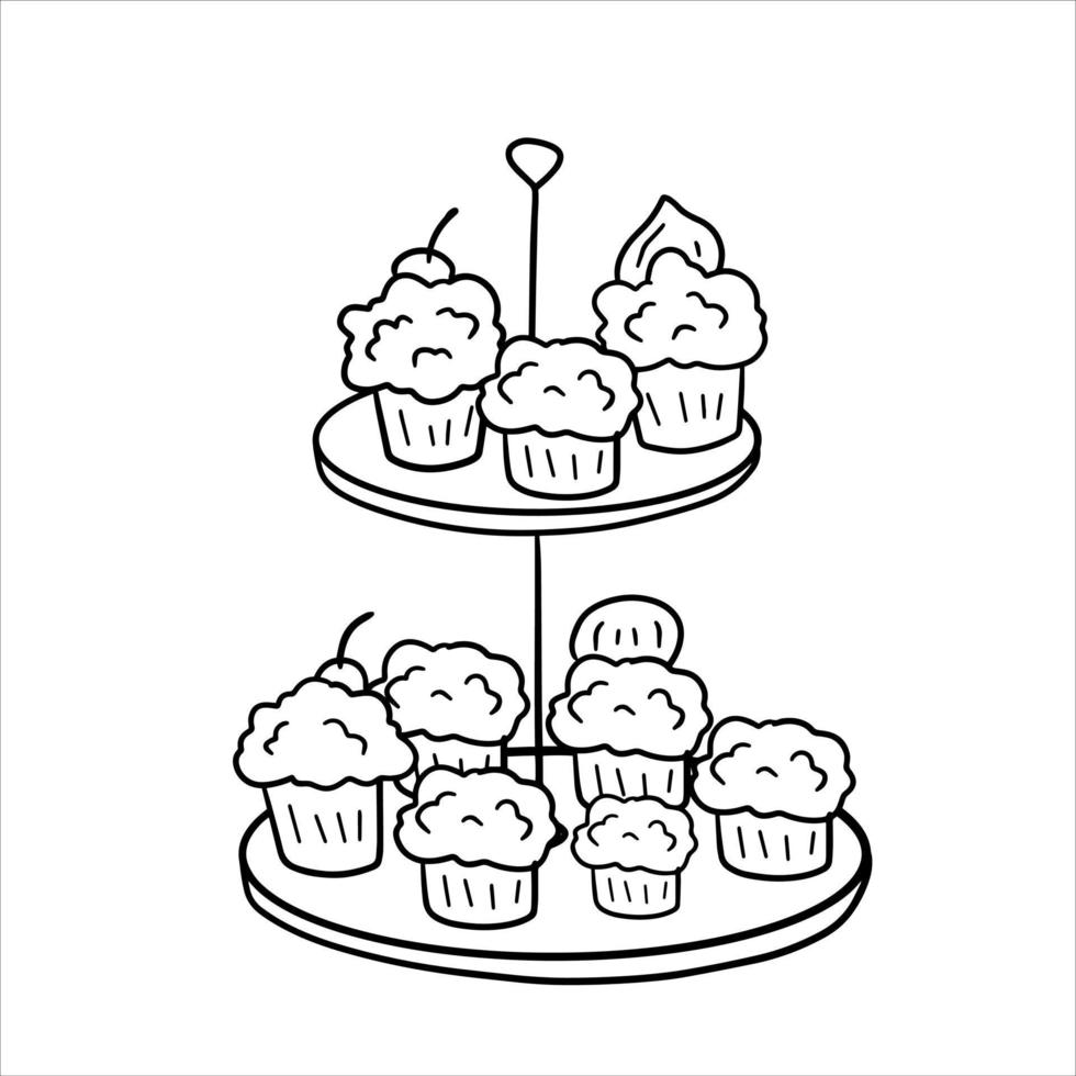 Two-tier serving tray with cupcakes. Plate with sweet dessert. Chocolate brownies. Sketch doodle illustration vector