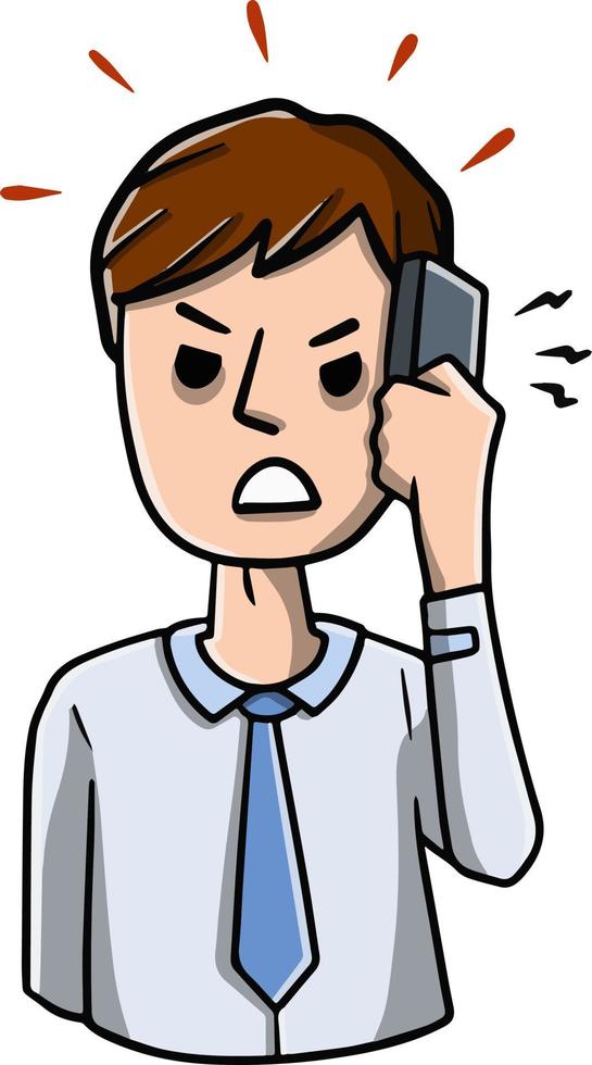 Man with mobile phone. Unpleasant conversation. Angry bearded guy with modern device. Bubble for text. Cartoon hand drawn sketch illustration vector