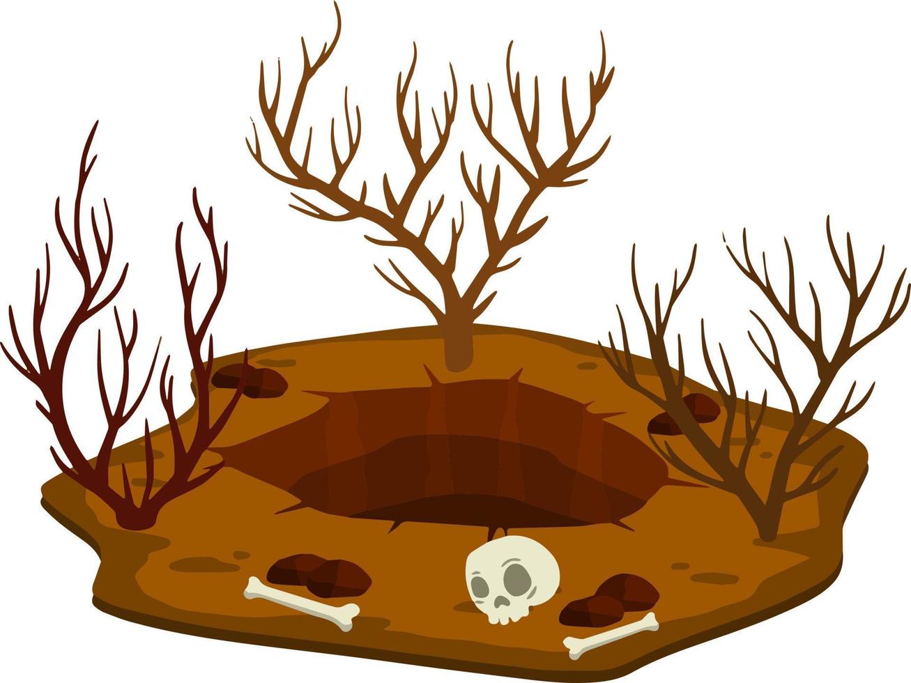 Big hole in ground. Brown dry soil and mine with skull. Human bone. vector