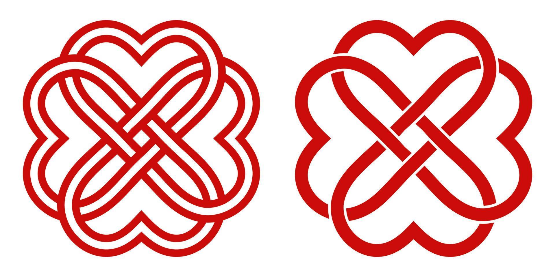 Celtic knot of red hearts in the shape of a flower, vector knot hearts symbol endless love mutual understanding and friendship