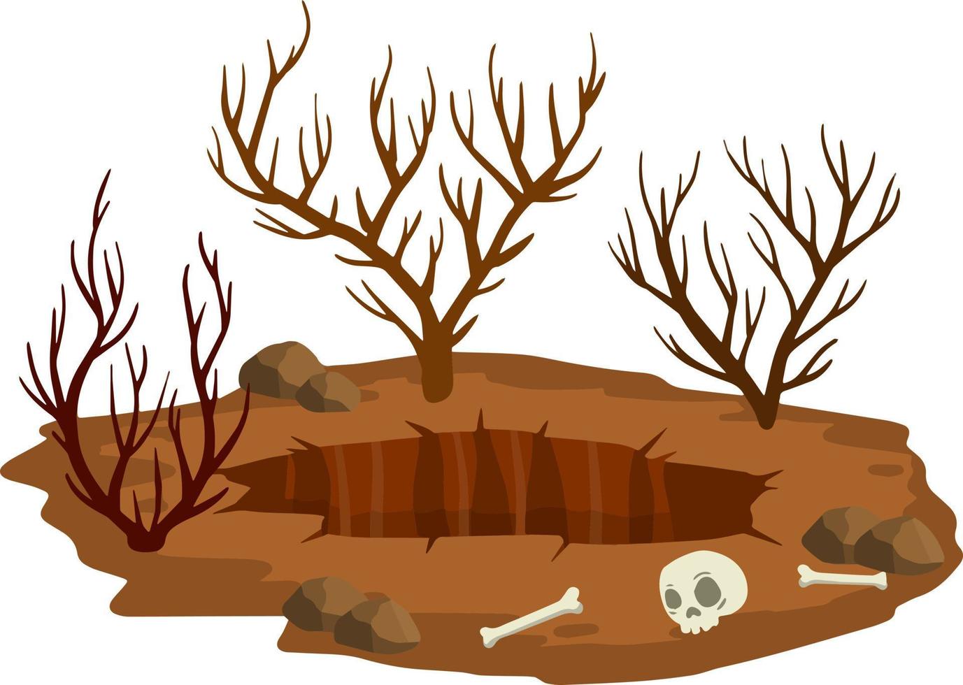 Big hole in ground. Brown dry soil and mine with skull. Human bone. vector