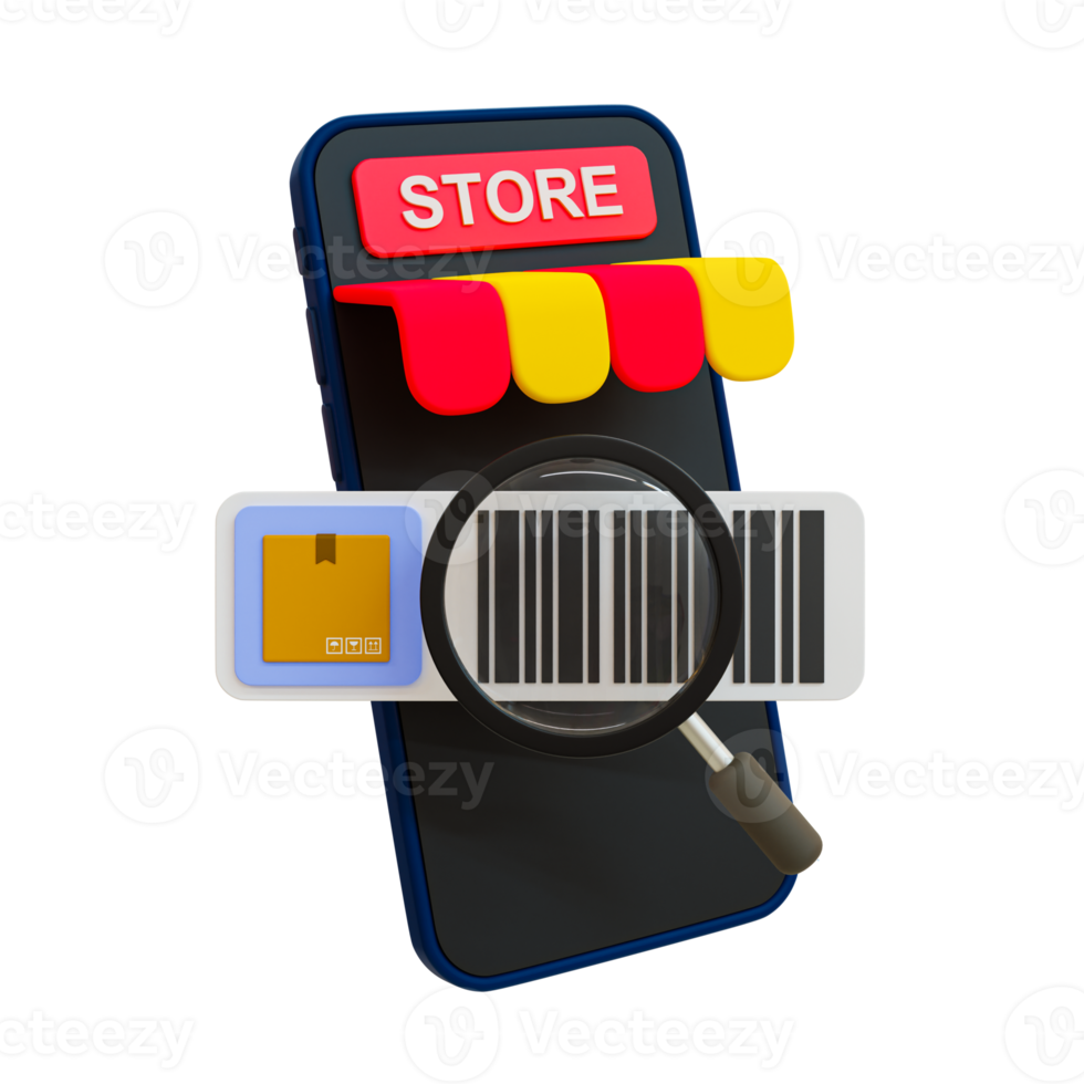 3d minimal barcode scanning. Product quality inspection. Quality control and product satisfaction. storefront smartphone with product barcode scanned with a magnifying glass. 3d illustration. png