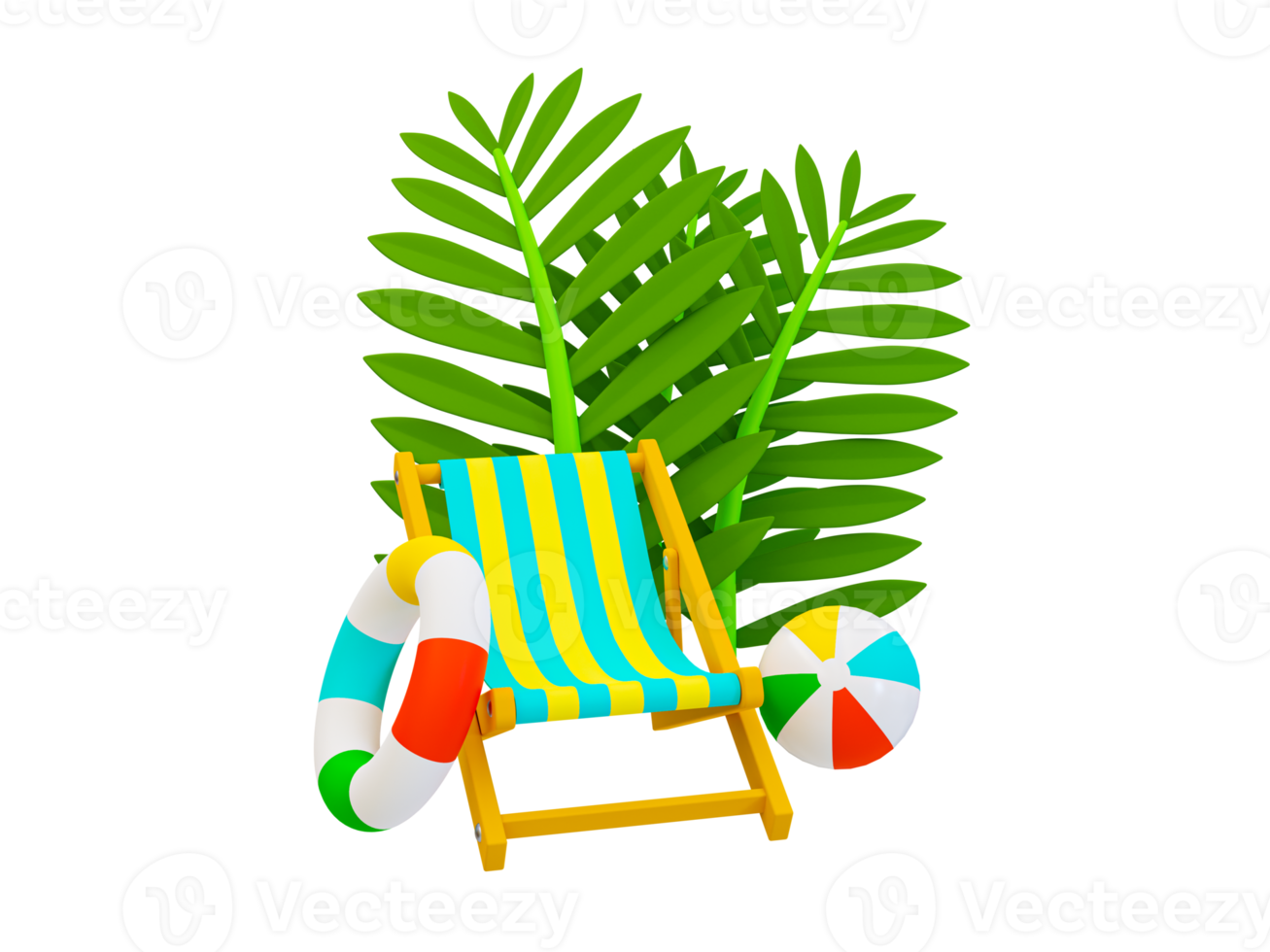 3d minimal beach theme. Relaxation time. Holiday travel trip. Summer vacation trip. Beach chair with a beach ball, beach rubber ring, and palm leaves. 3d illustration. png