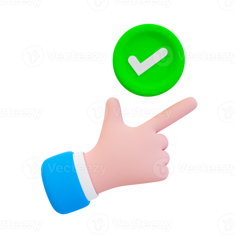 3d minimaal groen controleren Mark symbool. correct teken. krijgen een groen licht concept. goedgekeurd, geaccepteerd, OK, geaccepteerd, Rechtsaf. tekenfilm hand- met een groen controleren Mark icoon. 3d illustratie. png