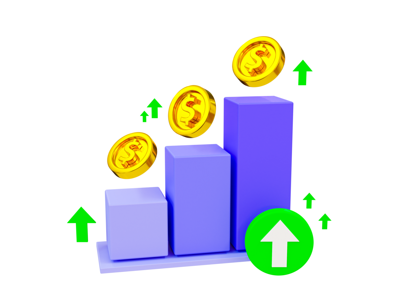 3d minimo il moneta alle stelle. Soaring finanze. più alto interesse aliquote. rafforzamento moneta. bar grafico con dollaro monete e un' verde freccia in aumento. 3d illustrazione. png