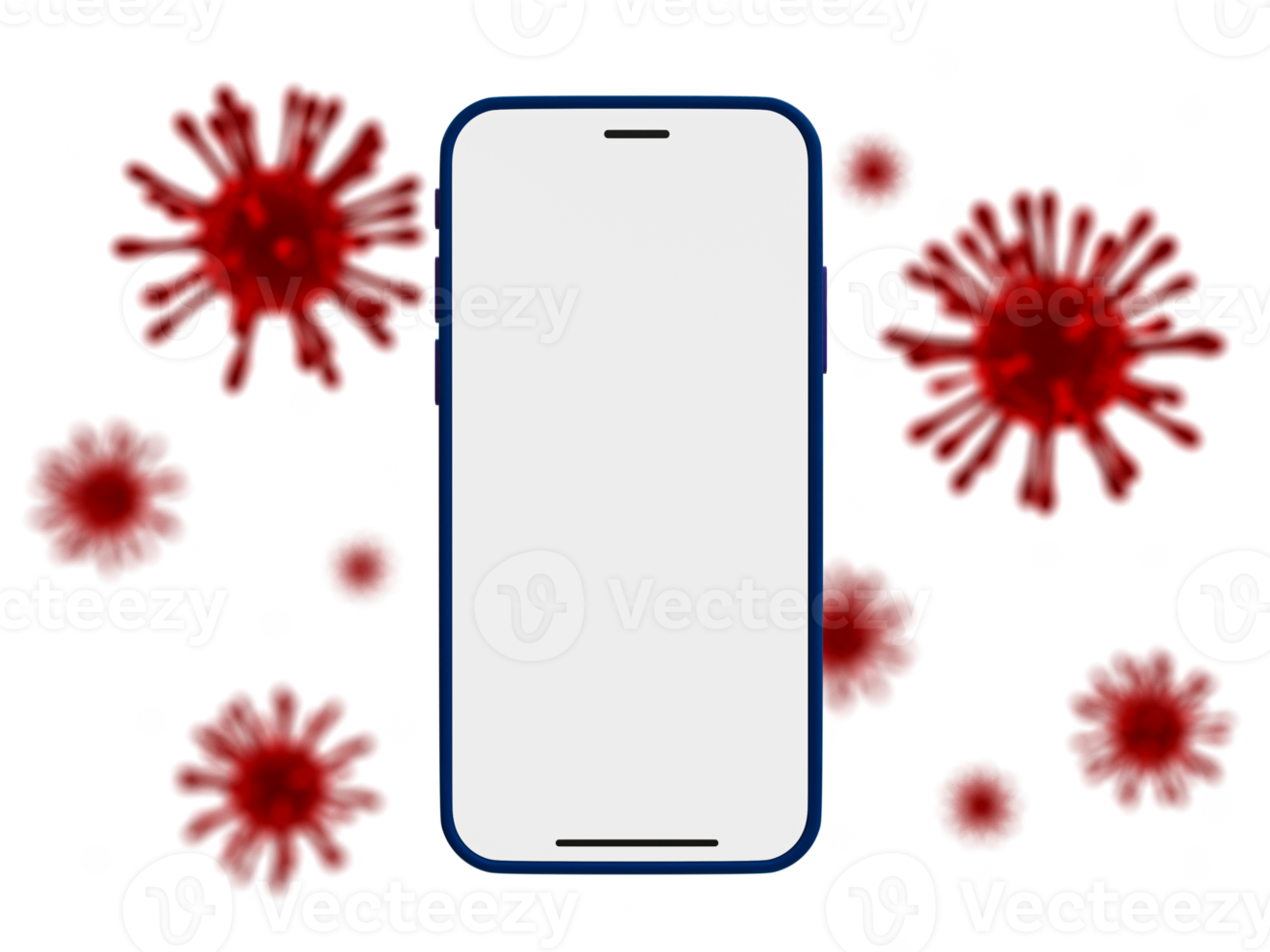 3d minimal news report about virus template. Smartphone mock-up with red viruses as a background. Blank screen smartphone with an epidemic theme. 3d rendering illustration. png