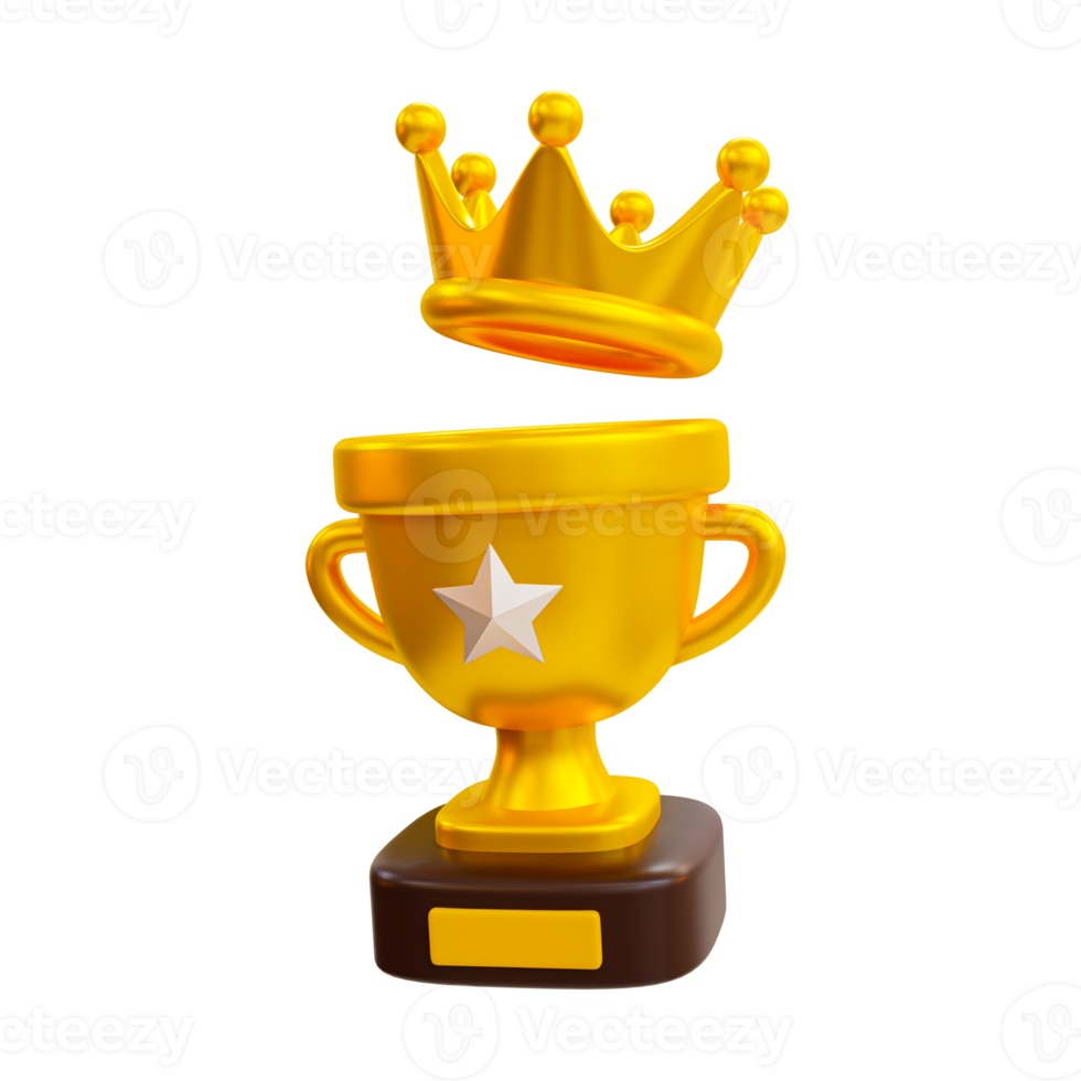 3d minimal winner cup. Achievement award, Trophy cup. Champion trophy, shiny golden cup, Winner award. A champion trophy with a golden crown. 3d rendering illustration. png