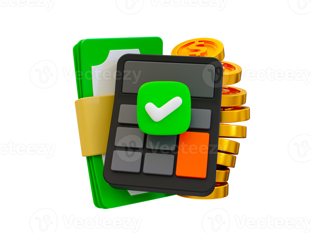 3d minimal Financial transaction. online payment concept. calculator with a check mark, a bunch of banknotes, and a pile of coins. 3d render illustration png