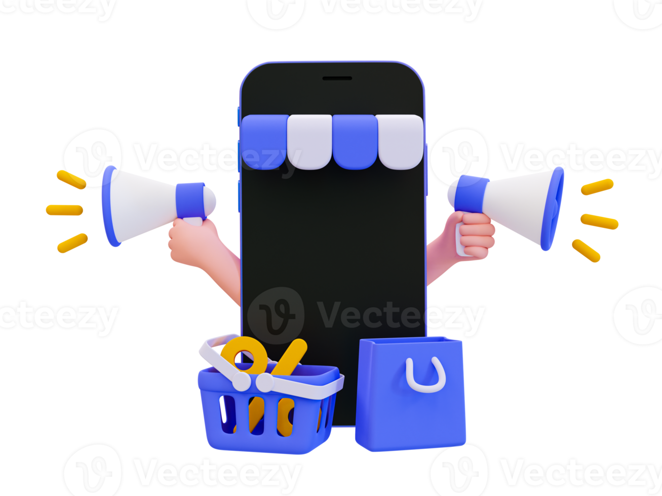 3d minimal marknadsföring strategi. rabatt kampanjer. särskild rabatt erbjudande. kund attraktion begrepp. hand innehav en megafon bredvid de skyltfönster smartphone. 3d illustration. png