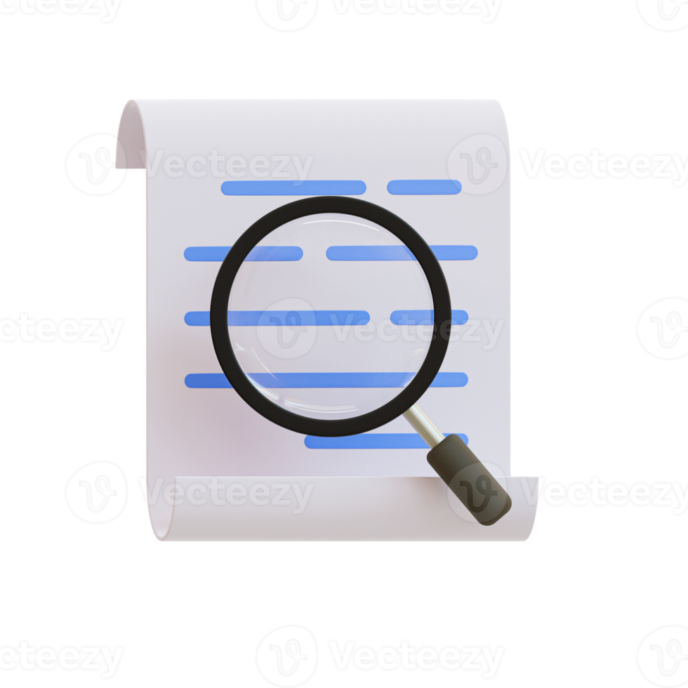 3d file inspection. paperwork examination. document with a magnifying glass. 3d illustration. png