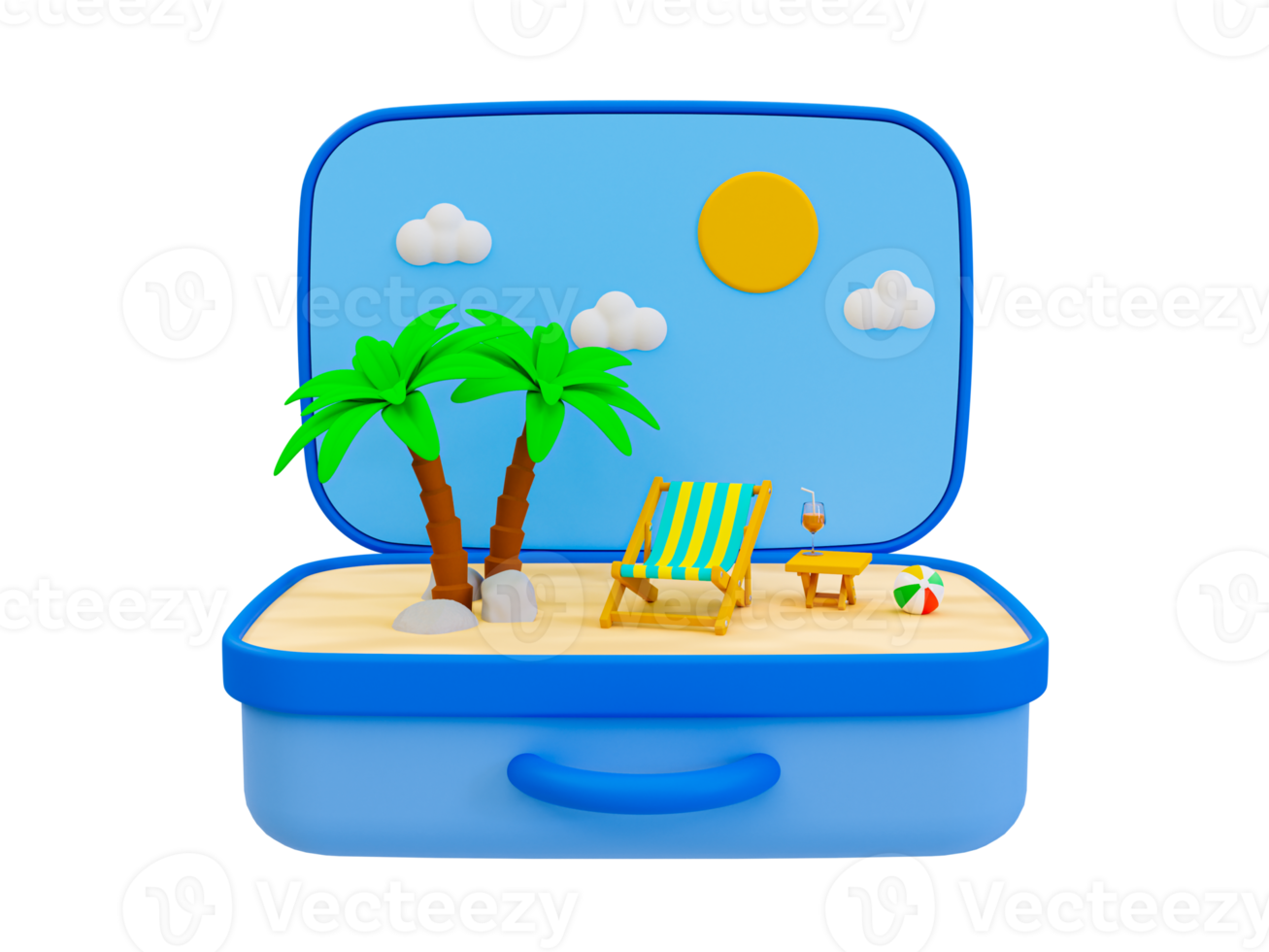 3d minimal summer theme. Beach theme. summer vacation time. luggage with beach compositions. 3d rendering. png