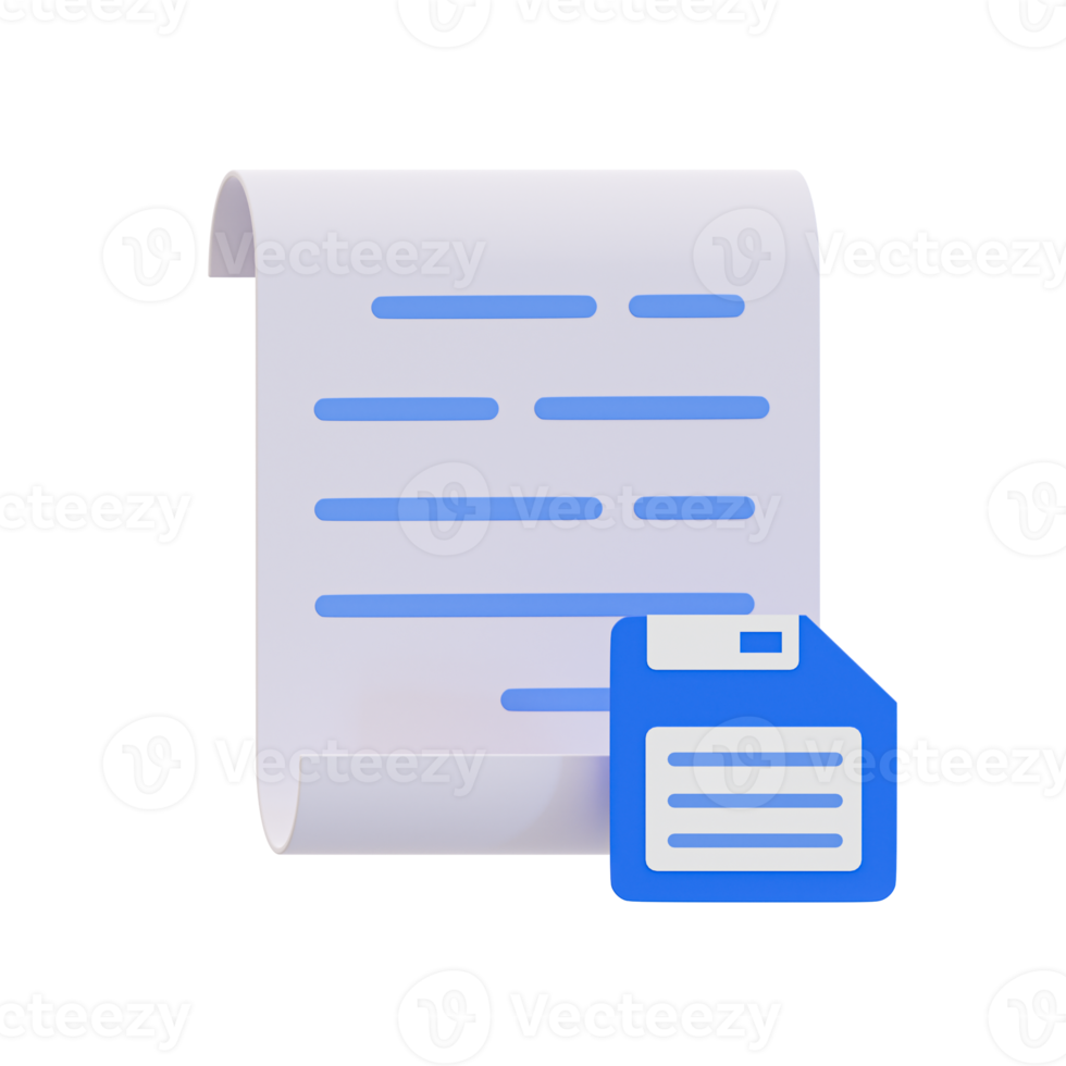 3d opslaan het dossier. papierwerk behoud. document met een floppy schijf. 3d illustratie. png