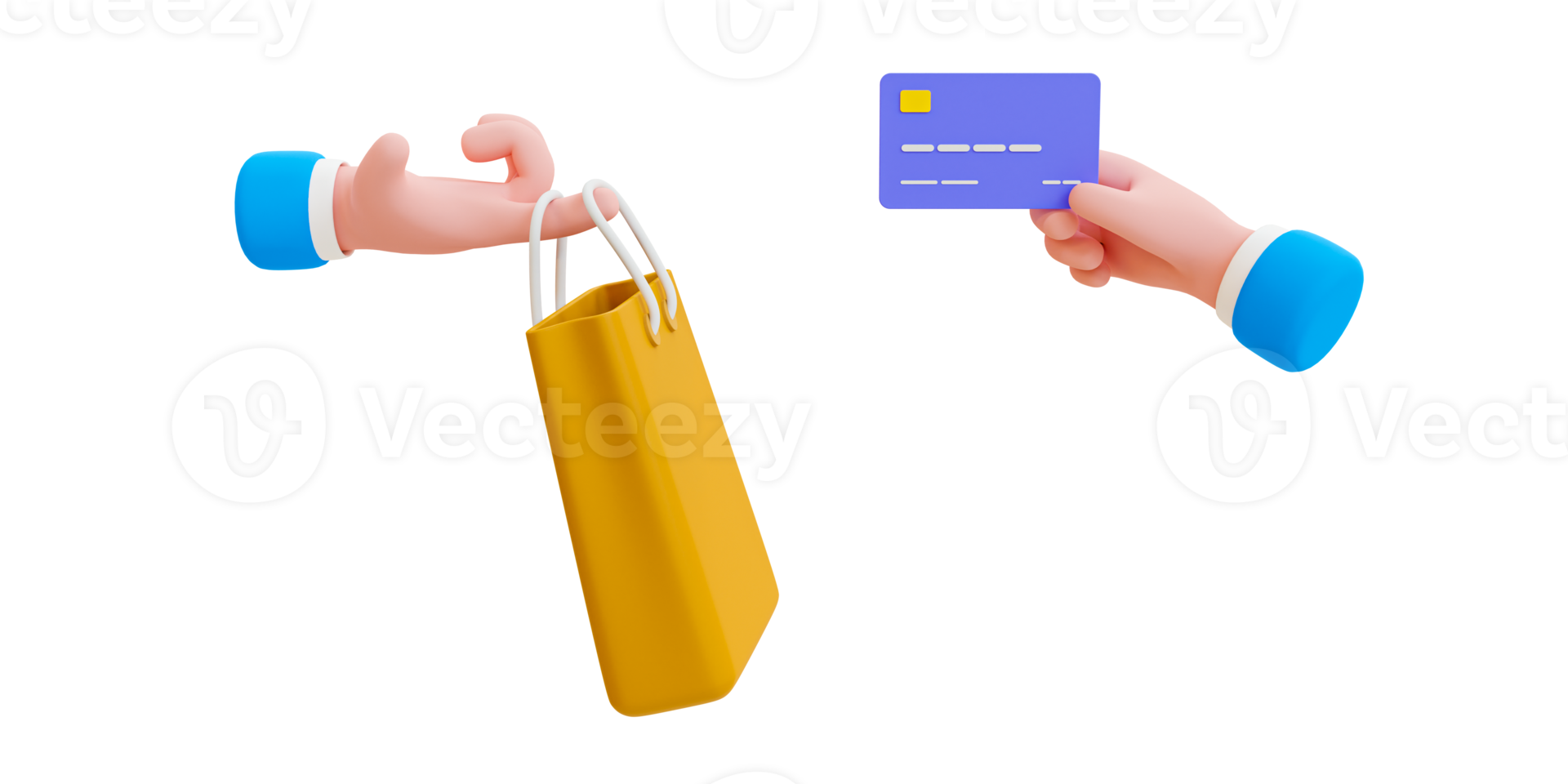 3d minimal shopping concept. Moneyless payment. Product checkout method. Credit card paying. Hand holding a shopping bag with another hand holding a credit card. 3d rendering illustration. png