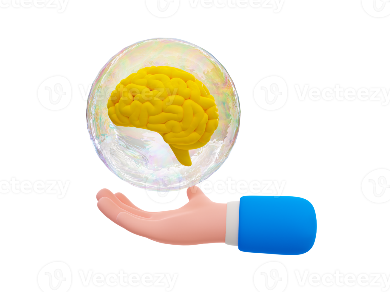 3d cartoon brain development concept. cartoon brain anatomy. Learning to get a new idea. Brain inside a bubble floating on top of a hand. 3d rendering illustration. png