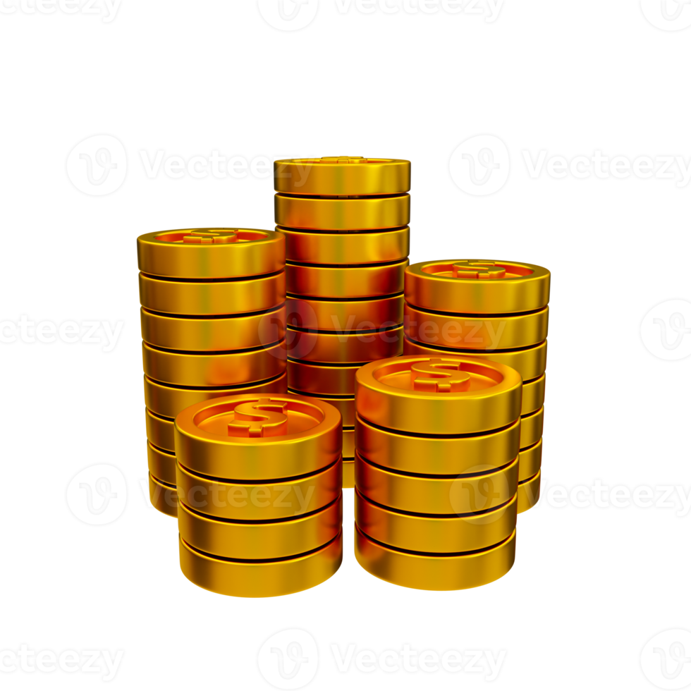 3d money saving concept. A pile of shiny coins. A stack of gold dollar coin. weath symbol. 3d rendering. png