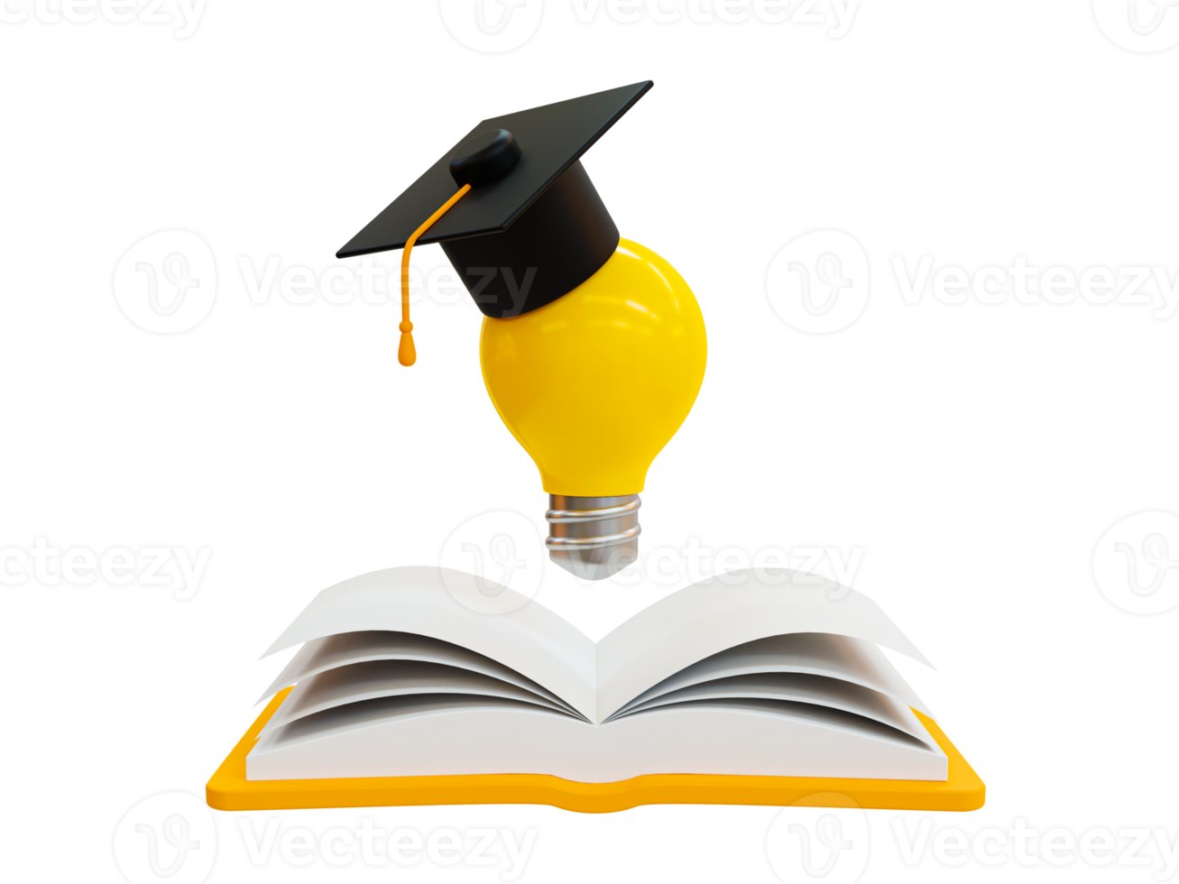 3d minimal graduation concept. Graduated with bachelor degree. Selfeffort. Light bulb with graduation cap on top of a book. 3d rendering illustration. png