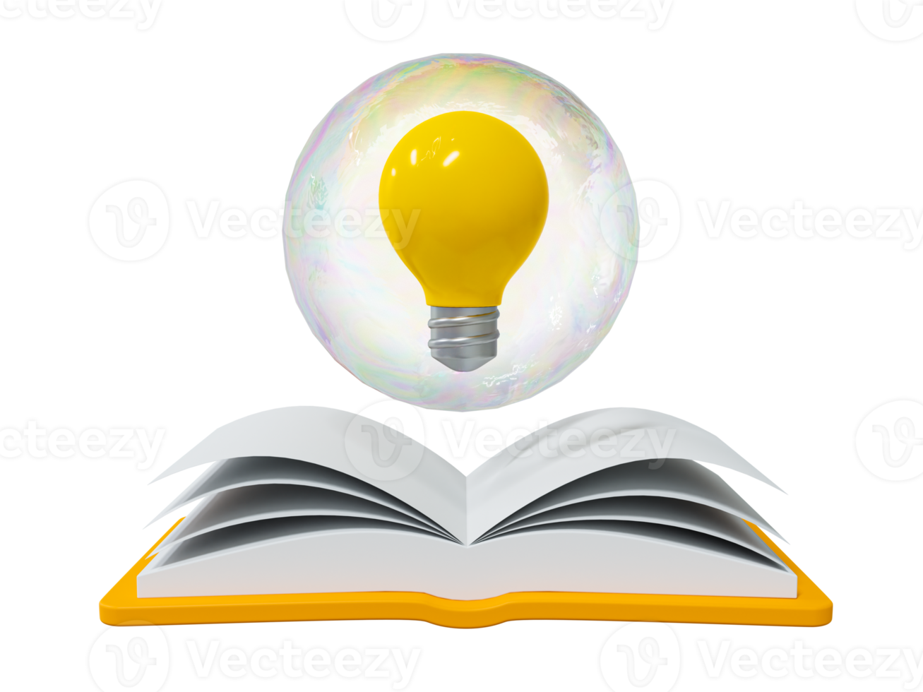 3d education concept. Study for knowledge. self-learning concept. Light bulb in bubbles floating on top of a book. 3d rendering illustration. png