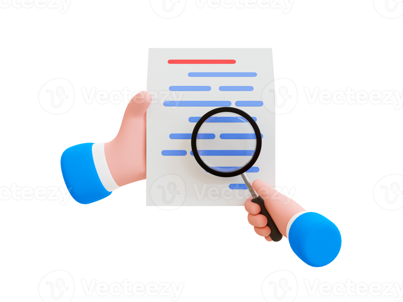 3d minimal document scanning. file reviewing concept. hand holding magnifying glass examining paperwork. 3d rendering illustration. png