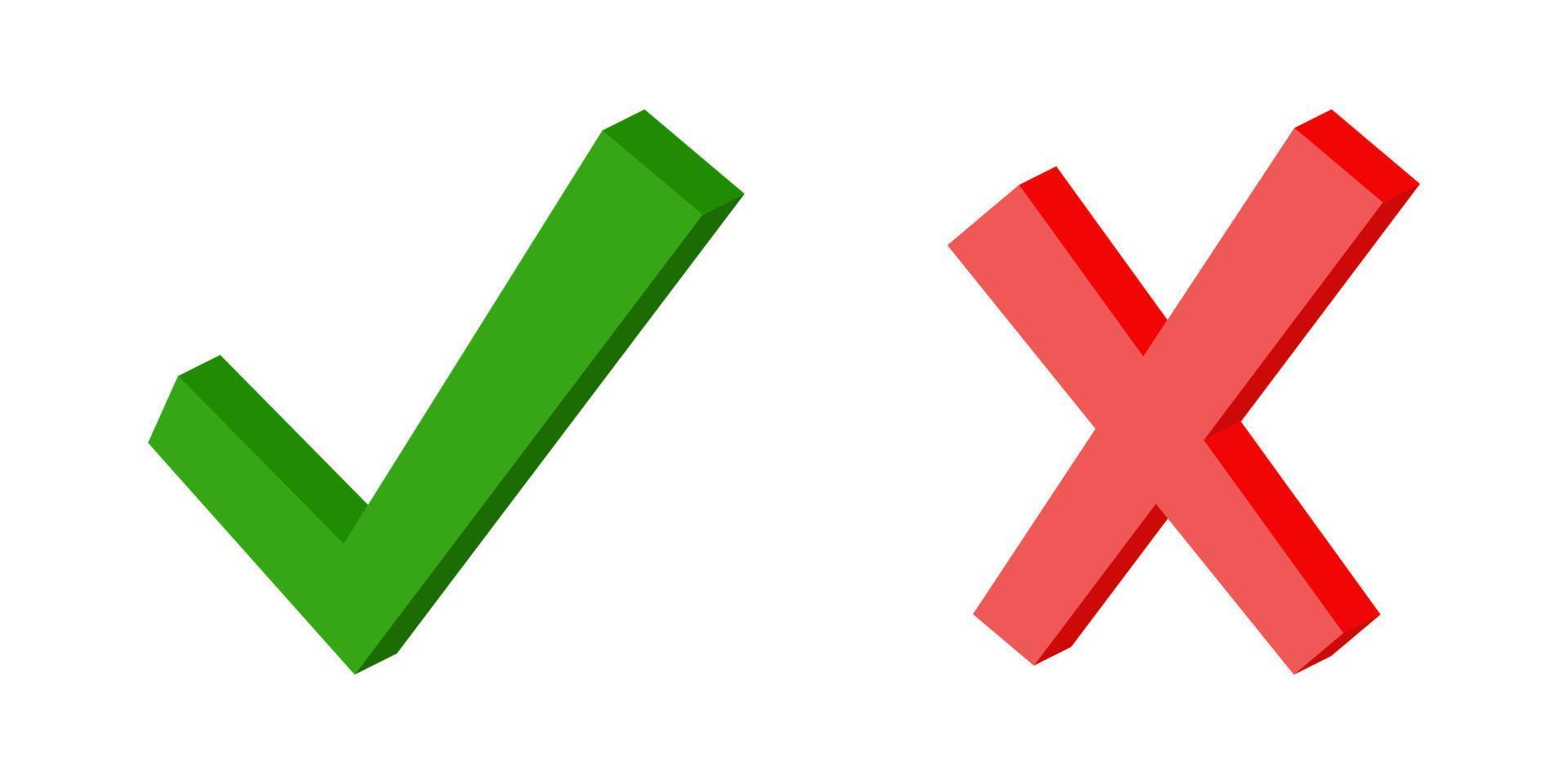 3d green check mark symbol and red cross, yes sign fact and myth verified fulfilled correct answer vector