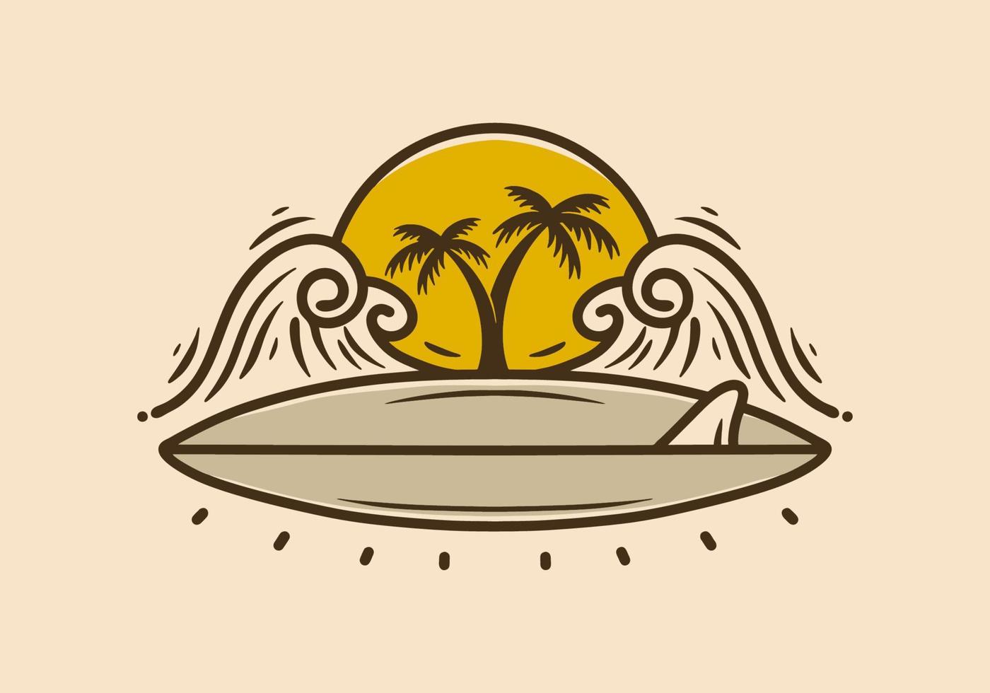 Illustration design of surf board, waves and coconut trees vector